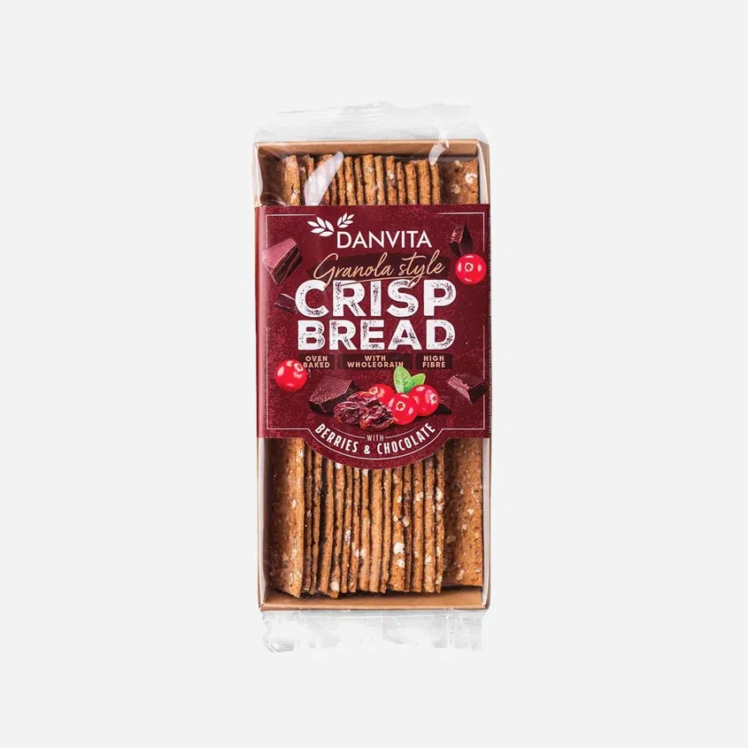 Křehké pšeničné granola plátky s ovocem a čokoládou